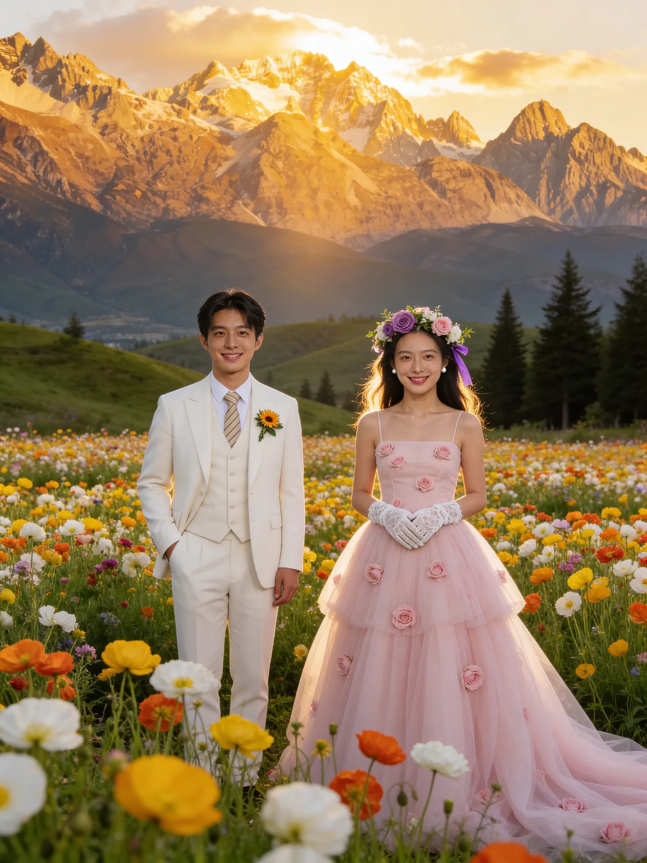 雪山と花畑のロングショット