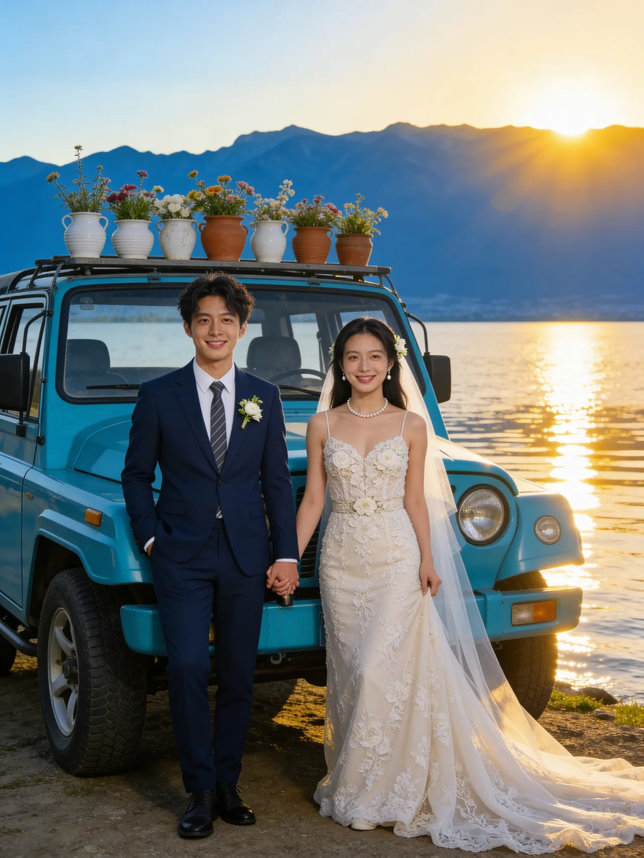 復古越野車前牽手合影