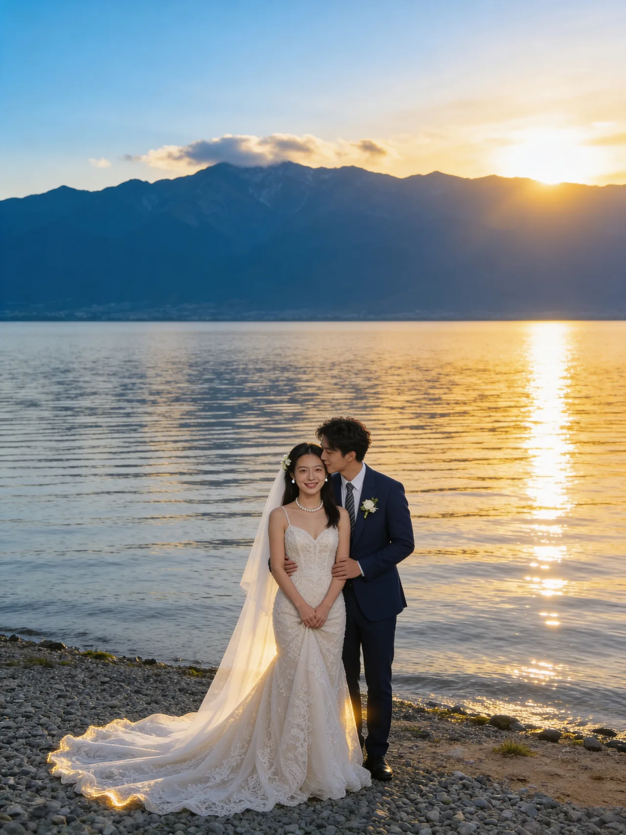 遠景湖畔吻新娘額頭
