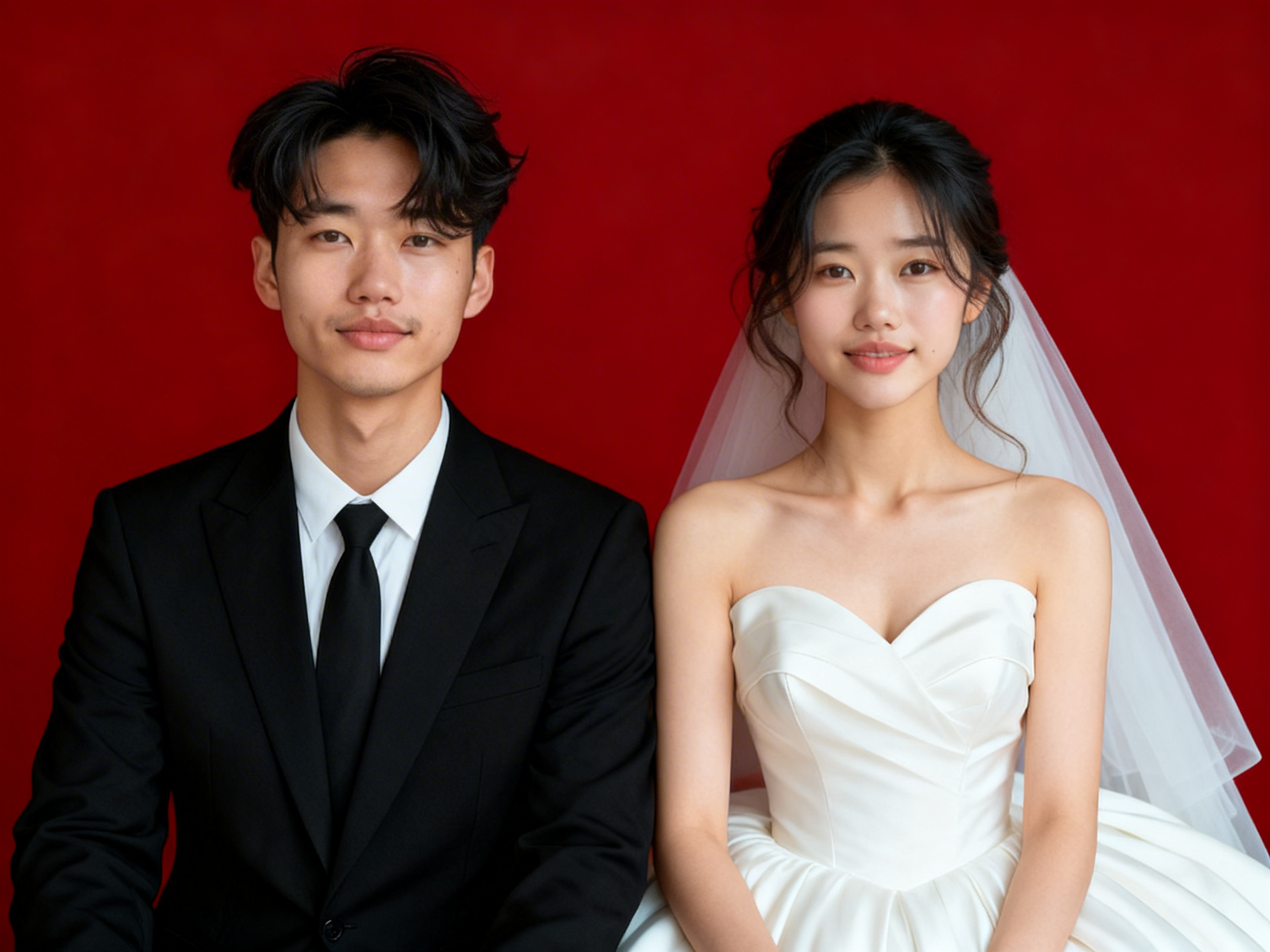 Red Bg - Wedding Dress & Suit - Marriage Registration Photo